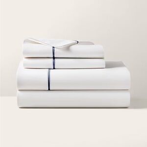 Ralph Lauren New Palmer Percale Organic Cotton Navy Trim King Flat Sheet
